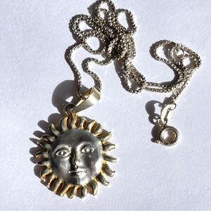 Vintage Taxco Sterling Silver Sun w Gold Accents Necklace
